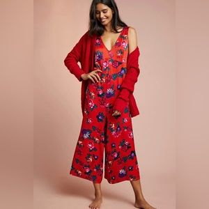 Anthropologie Floreat Rose Women’s XS Red Floral Jumpsuit Sleeveless Wide Leg.